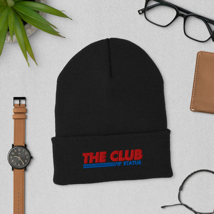 Black cuffed Beanie from Say Something Swag's The Club Costco Print Material collection, shown from the front view.