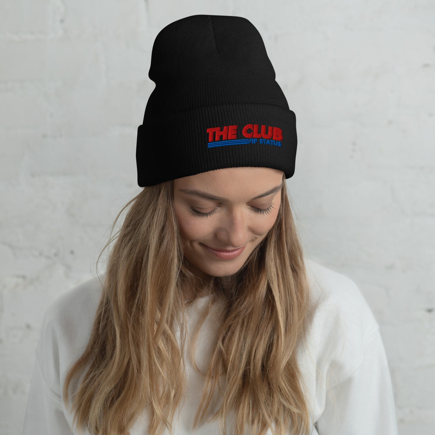Black cuffed beanie from Say Something Swag featuring printed material, displayed from the front view.