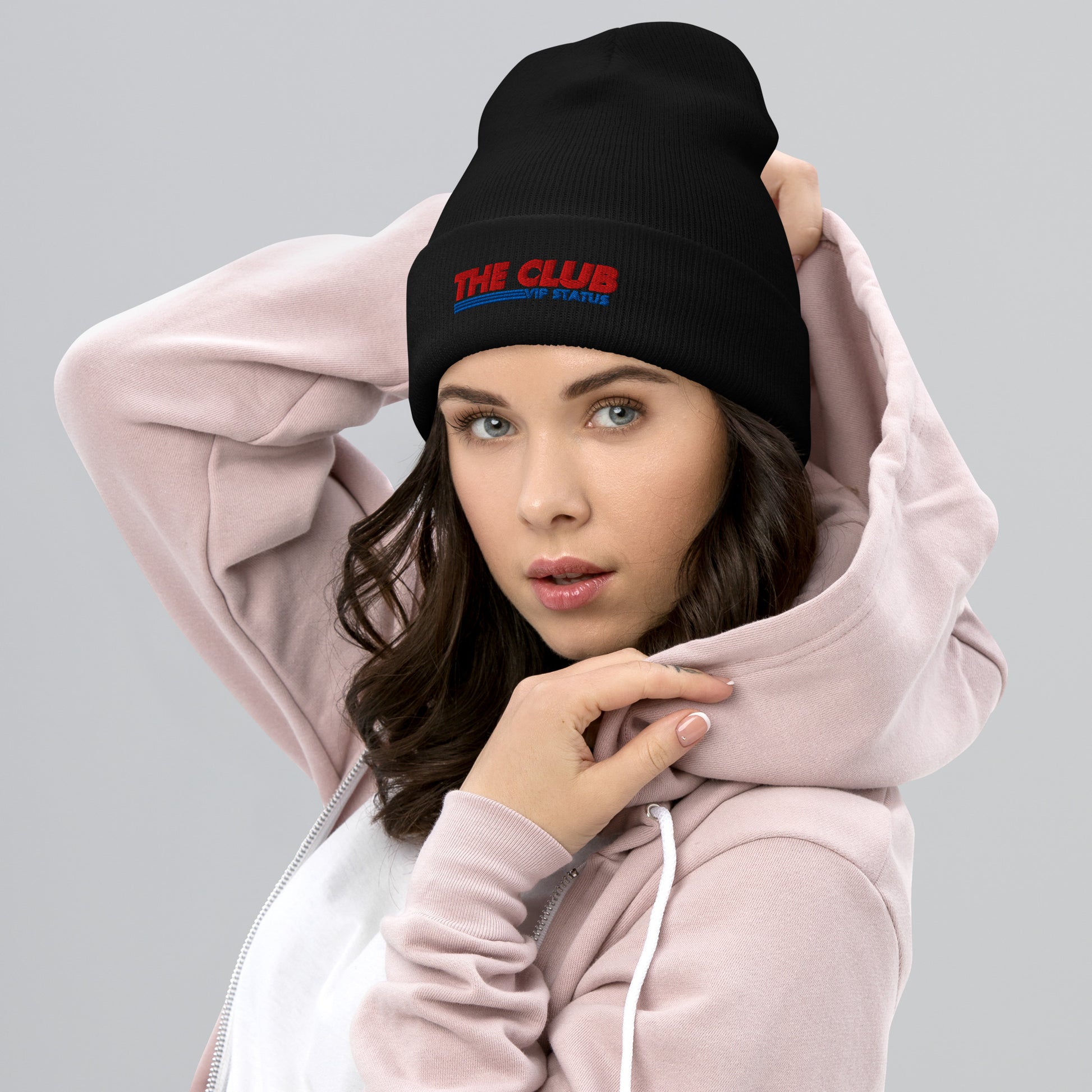 Black cuffed beanie from The Club Costco collection by Say Something Swag, featuring a stylish print material design.