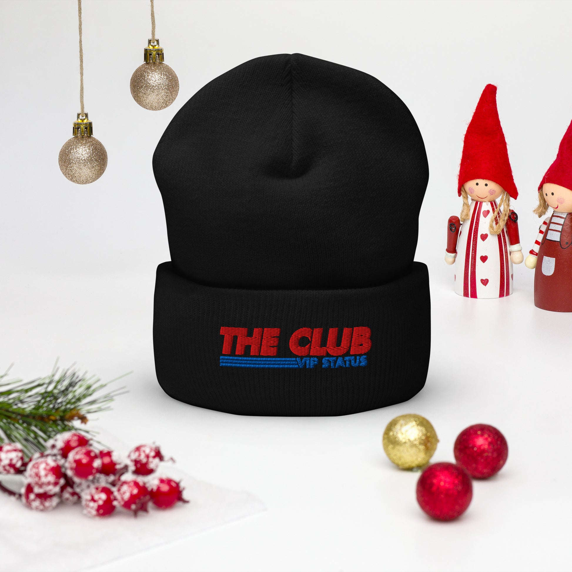 Black cuffed beanie made of print material by Say Something Swag, featuring the "The Club Costco" design on the front.
